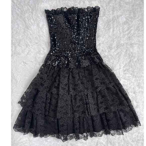 Vintage Flirtations by Alfred Angelo Black Sequin Lace tiered Party Dress medium - Picture 1 of 16
